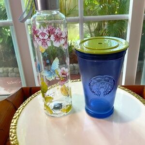 Starbucks Blue Glass Made in Spain & Floral Water Bottle